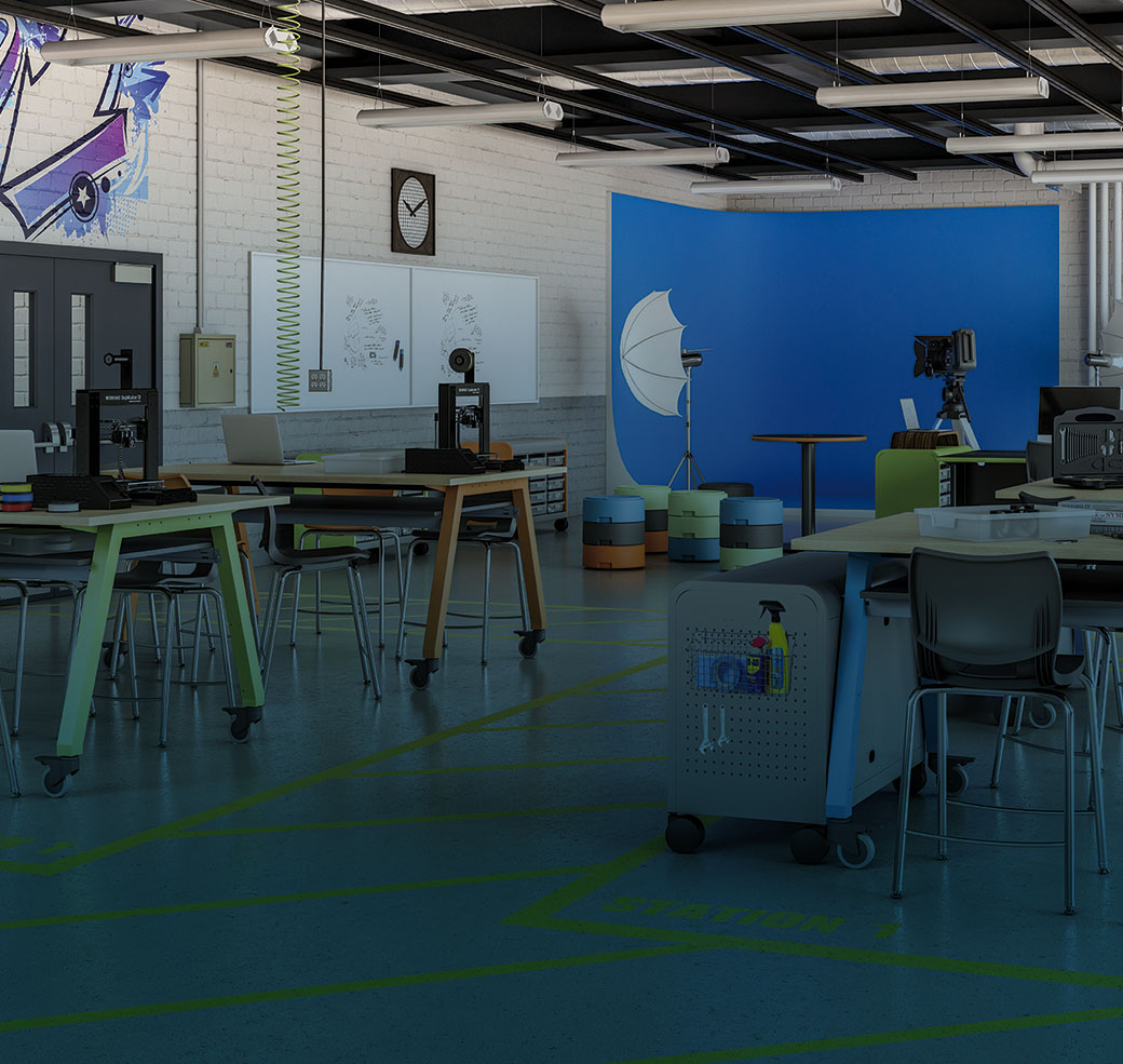 Art studio classroom with colorful tables and stools