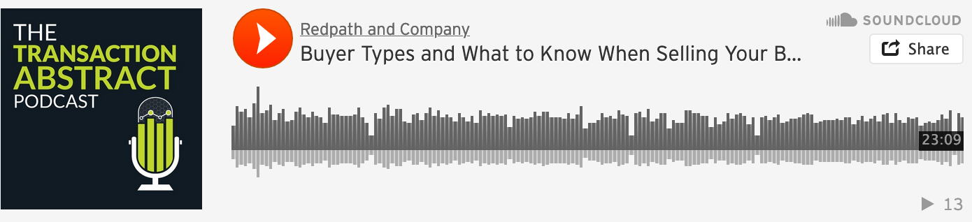 The Transaction Abstract Podcast logo, sound wave graphic and title of the podcast: Buyer Types and What to Know When Selling Your Business