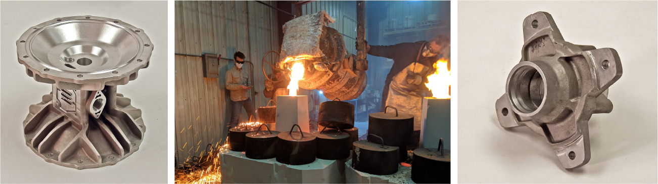 Two of Craft's metal casted products and a machine pouring iron into a mold