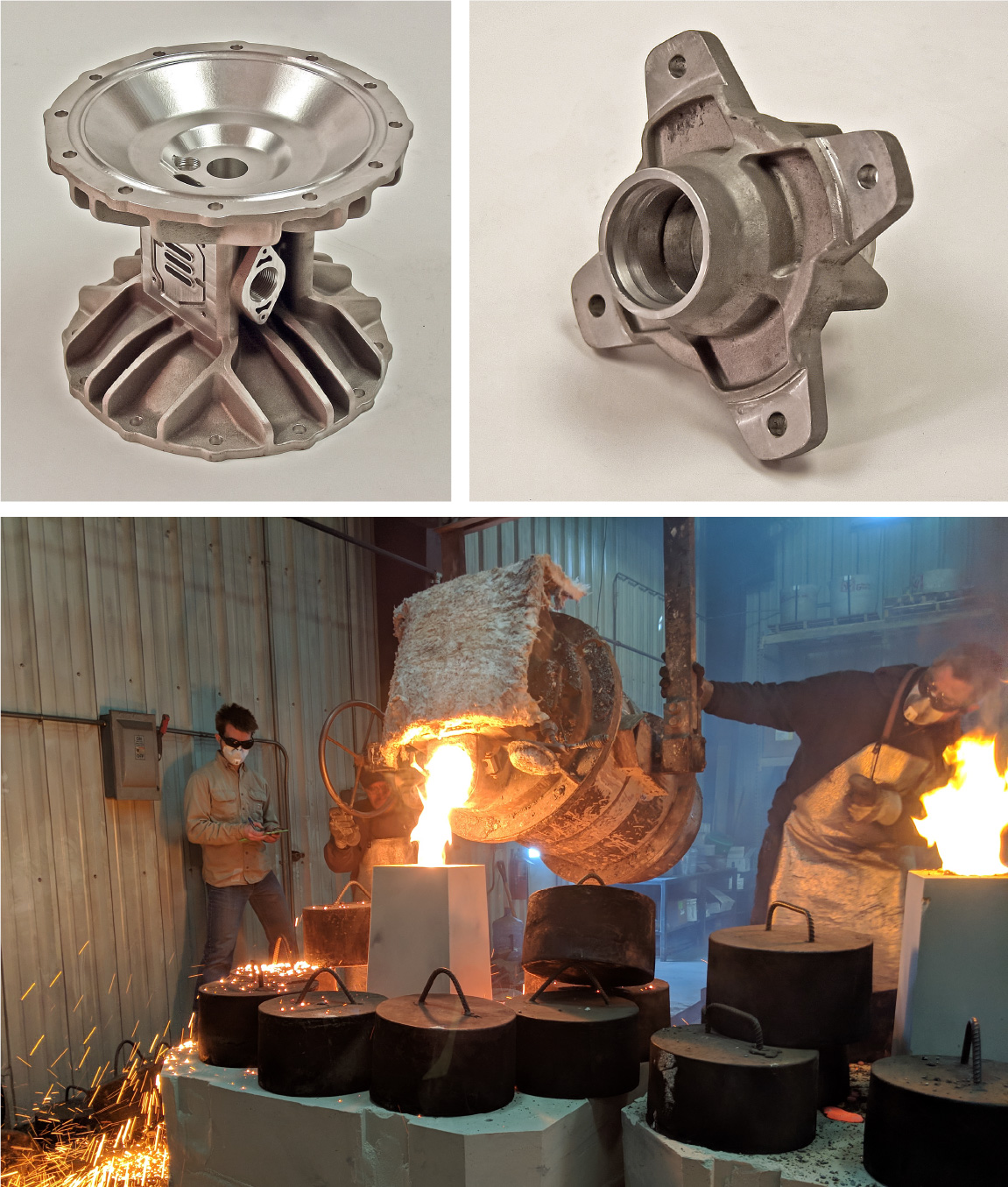Two of Craft's metal casted products and a machine pouring iron into a mold